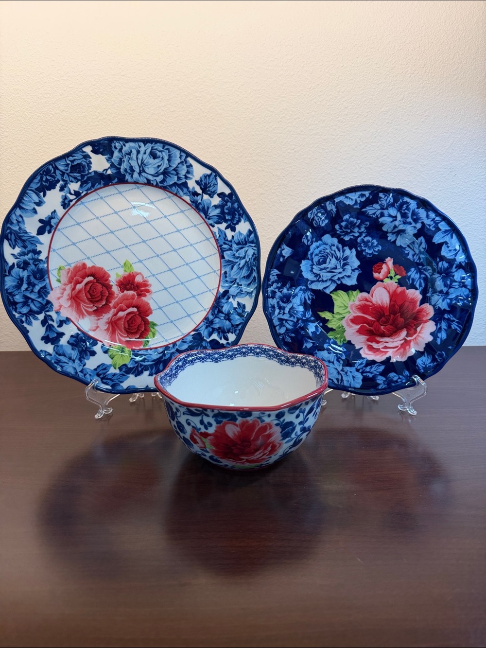Pioneer Woman retired Blue Floral Porcelain Dinnerware Set with Red Rose Accents